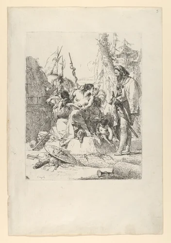 Half-dressed Nymph with two children, surrounded by four men, from the Scherzi by Giovanni Battista Tiepolo, print, 1738-1755