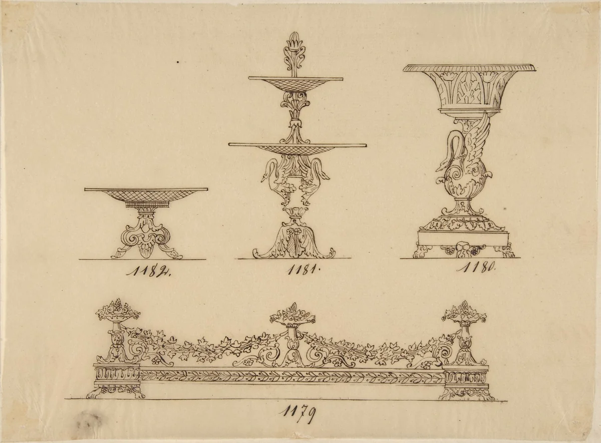 Design for a Compote Dish, a Server and an Urn by anonymous, drawing, 1800-1899