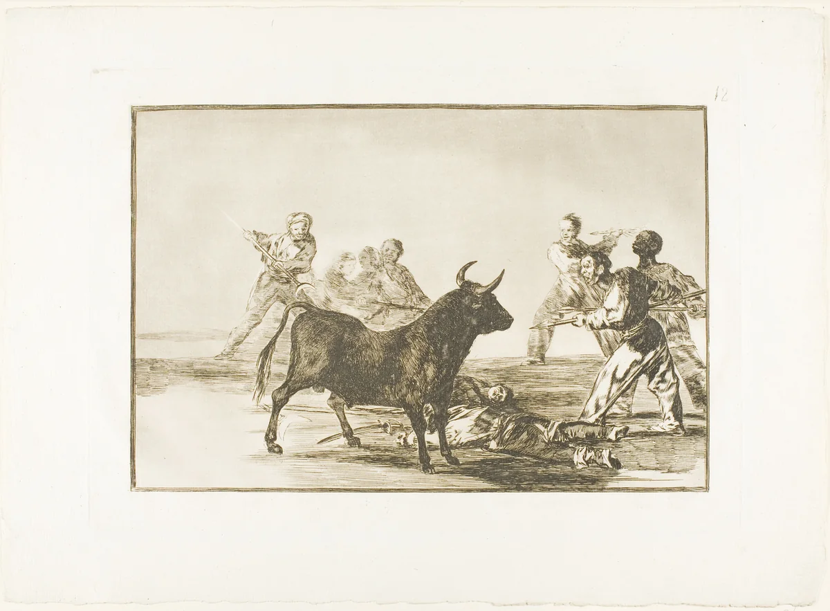The rabble hamstring the bull with lances, sickles, banderillas and other arms, plate twelve from The Art of Bullfighting by Francisco José de Goya, print, 1814-1816