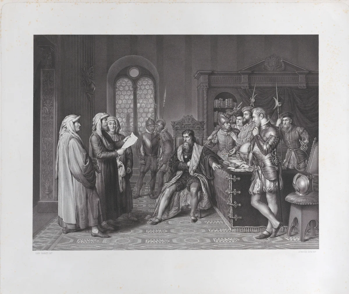 Scene with Columbus (?) at center, soldiers at right, and men in robes at left by Luigi Boscolo, print, 1850-1900
