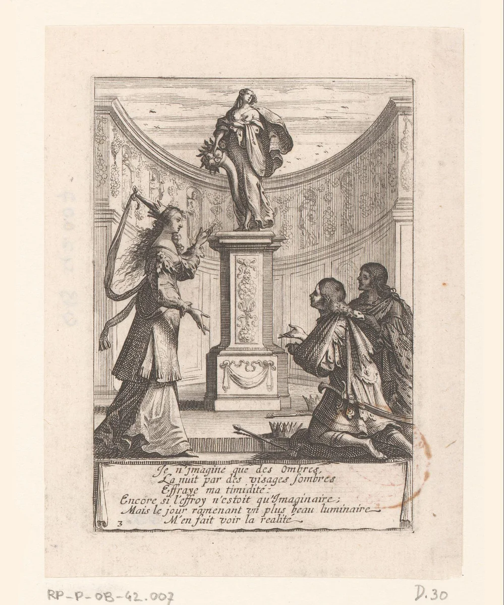 Izebel en twee knielende koningen voor een beeld van Fortuna by Abraham Bosse, print, 1635