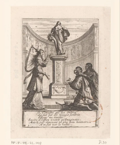 Izebel en twee knielende koningen voor een beeld van Fortuna by Abraham Bosse, print, 1635