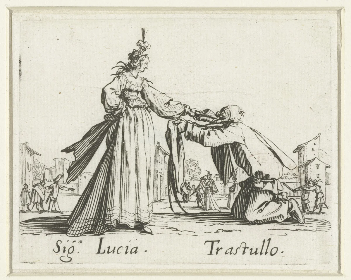 Twee straatartiesten als Signora Lucia en Trastullo by Jacques Callot, print, 1621-1622