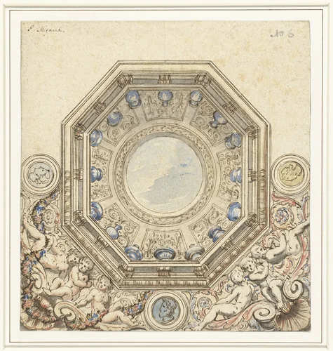 Ontwerp voor een plafond met koepel by Pierre Mignard, drawing, 1622-1695