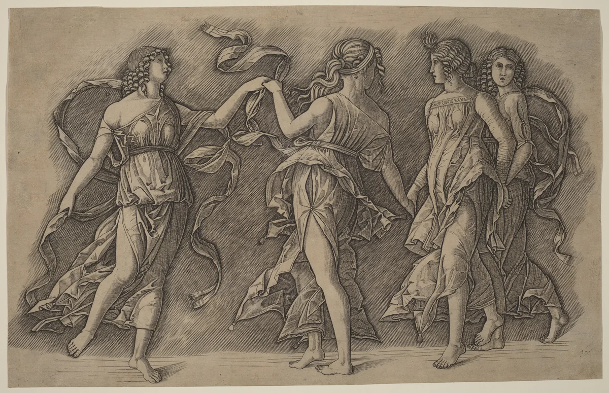 Four Dancing Muses by Giovanni Antonio da Brescia, print, 1400-1499