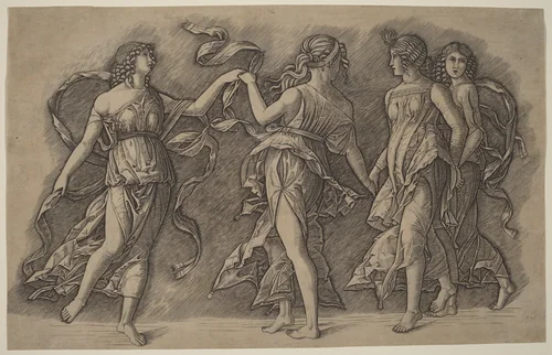 Four Dancing Muses by Giovanni Antonio da Brescia, print, 1400-1499