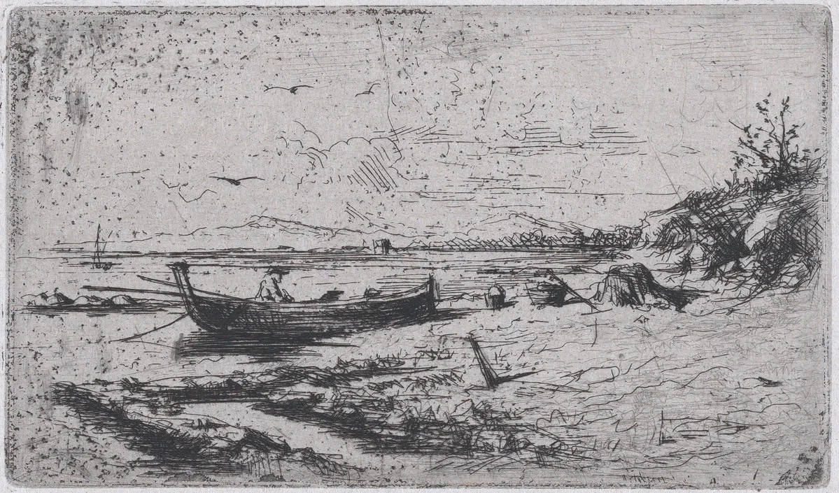 A boat near the shoreline of a beach or a river by Mariano Fortuny, print, 1860-1870