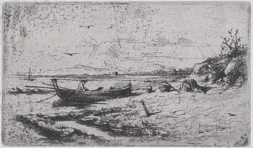 A boat near the shoreline of a beach or a river by Mariano Fortuny, print, 1860-1870