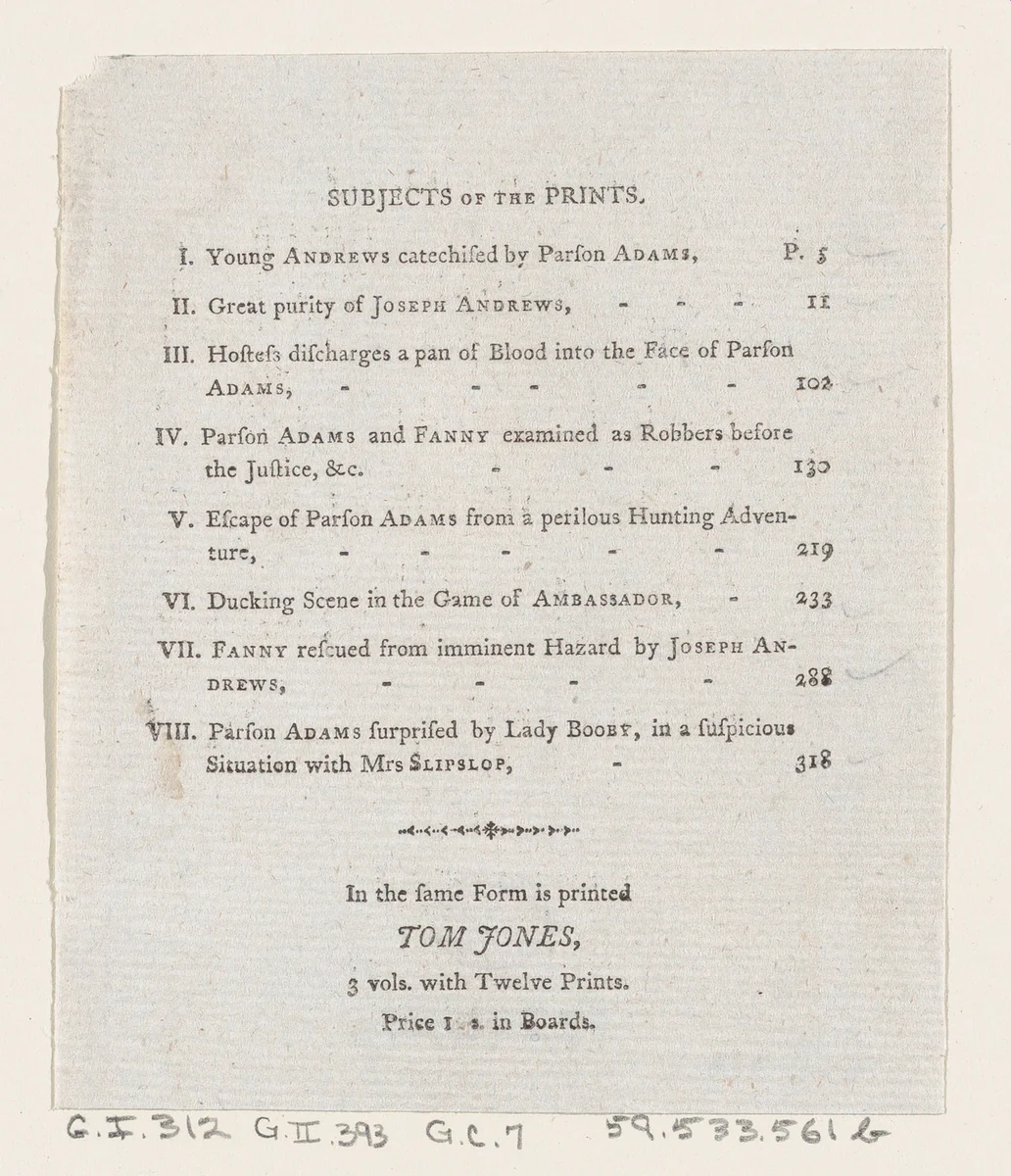Table of Contents: "The Adventures of Joseph Andrews, and his friend Mr. Abraham Adams" by Thomas Rowlandson, print, 1792