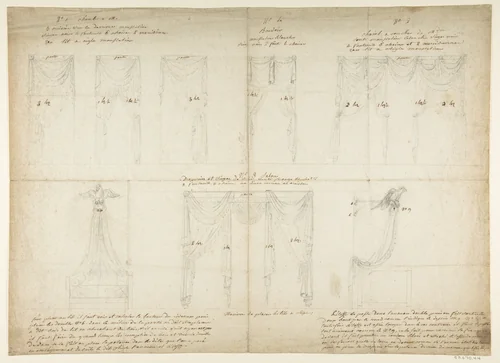 Designs for Drapery, Window Treatements, and Bed Canopy by anonymous, drawing, 1800-1899