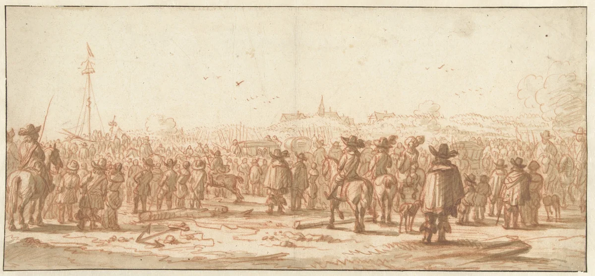 Vertrek van koning Karel II uit Scheveningen naar Engeland, 1660 by anonymous, drawing, 1660-1662