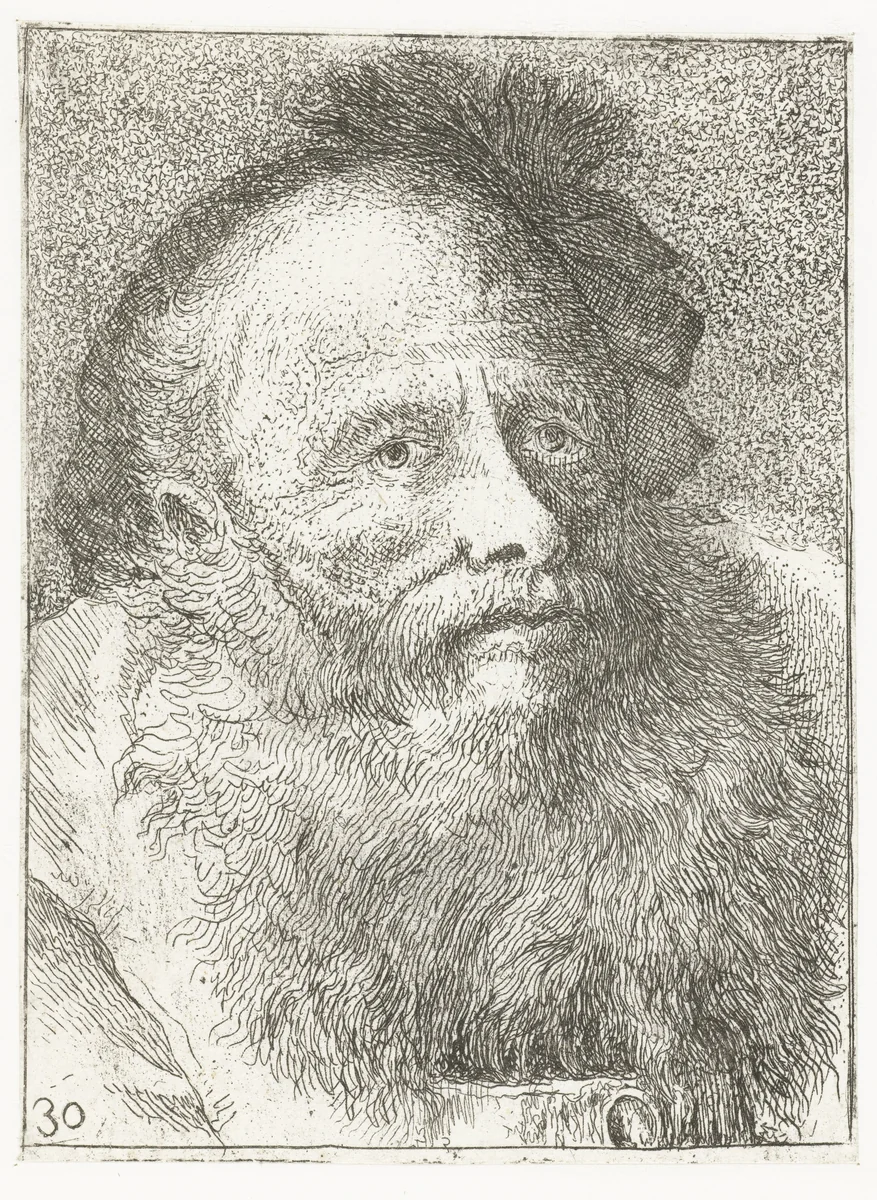 Man met baard en hoofddeksel met veer by Giovanni Domenico Tiepolo, print, 1771-1774