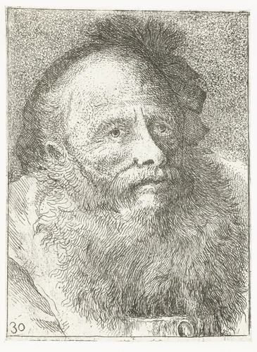 Man met baard en hoofddeksel met veer by Giovanni Domenico Tiepolo, print, 1771-1774