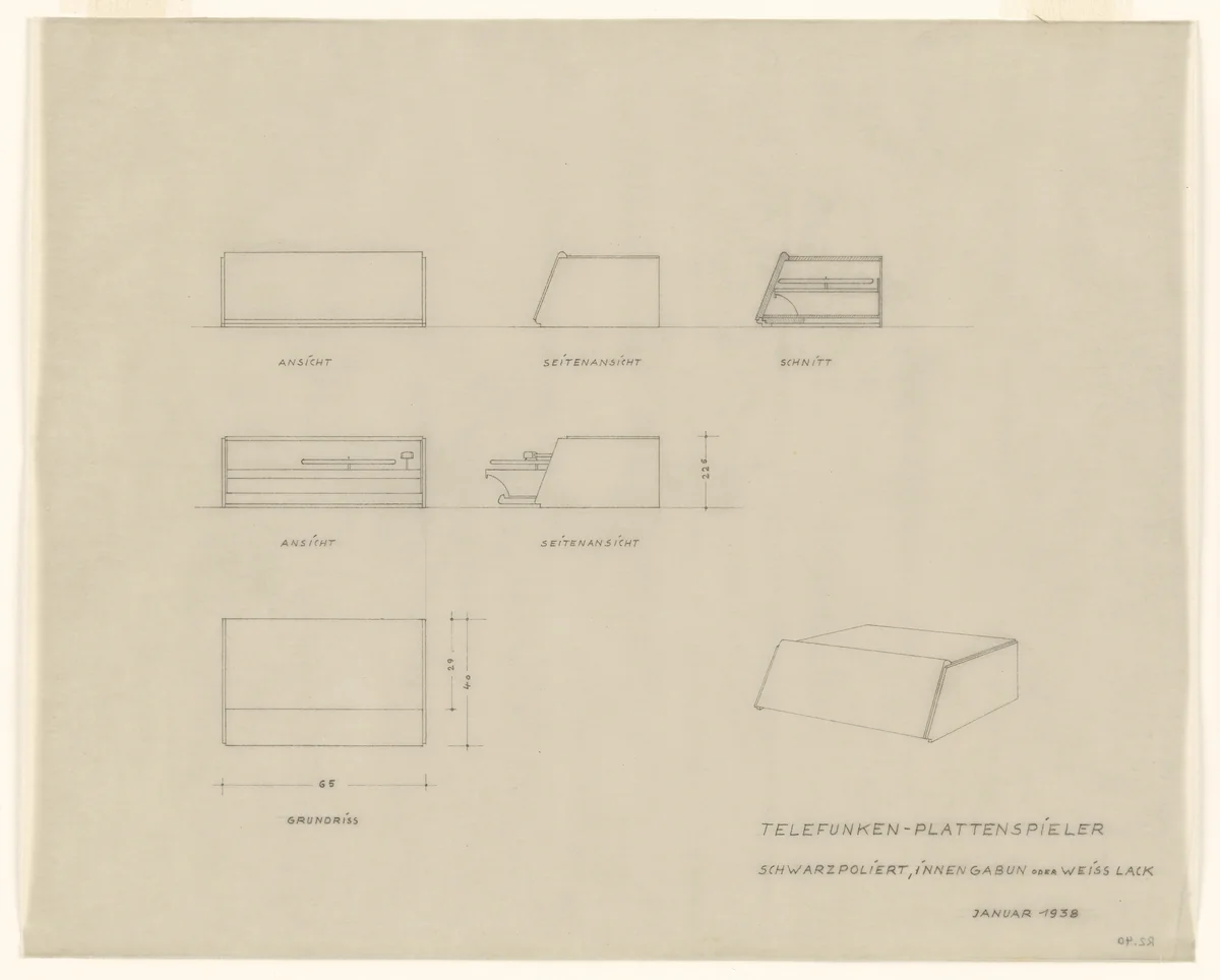 Design for Telefunken Record Player, Elevations, section, plan and perspective by Lilly Reich, mies van der rohe archive, 1938