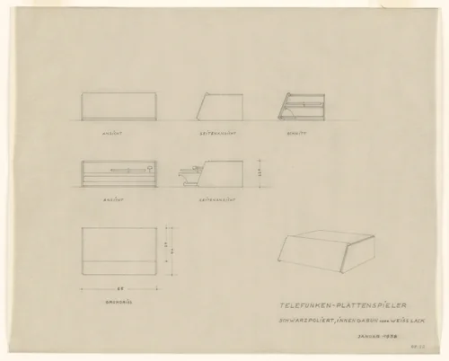 Design for Telefunken Record Player, Elevations, section, plan and perspective by Lilly Reich, mies van der rohe archive, 1938