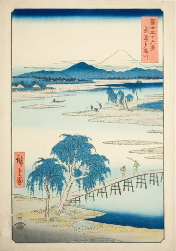 Tama River in Musashi Province (Musashi Tamagawa), from the series "Thirty-six Views of Mount Fuji (Fuji sanjurokkei)" by Utagawa Hiroshige (歌川広重), print, 1858