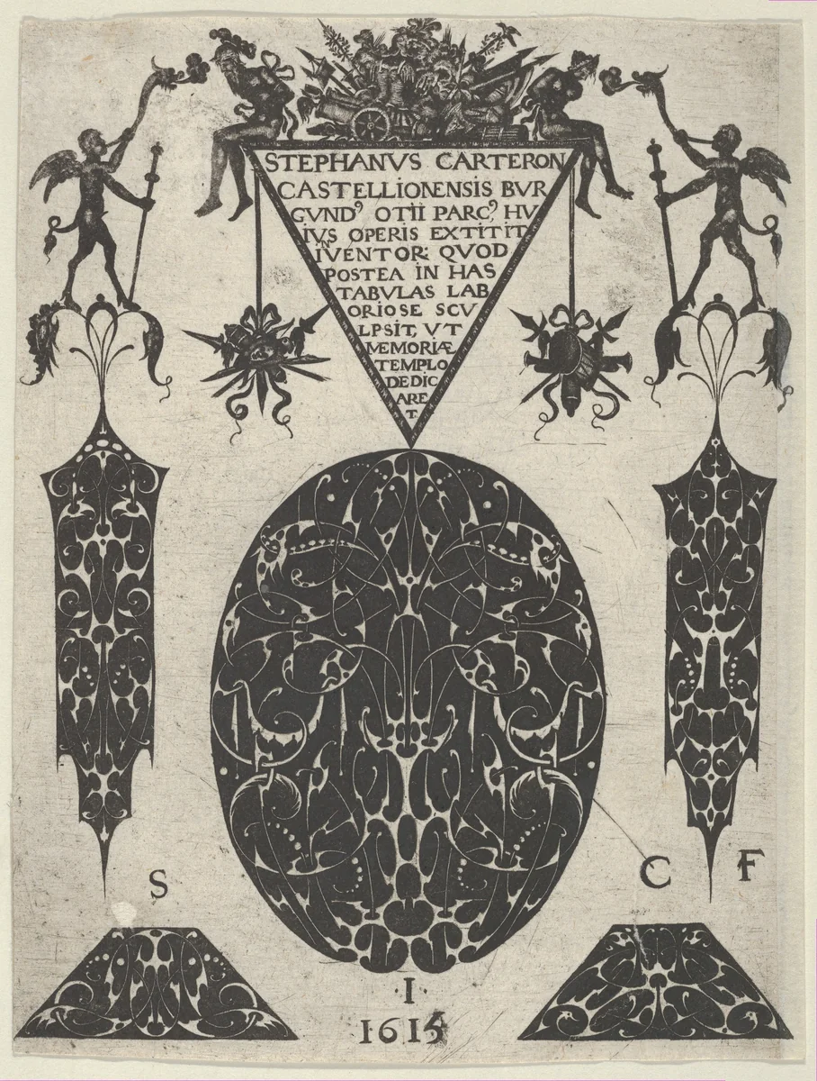 Title Plate with Blackwork Motifs, Trophies and Grotesques, from a Series of Blackwork Prints for Goldsmiths' Work by Etienne Carteron, print, 1615