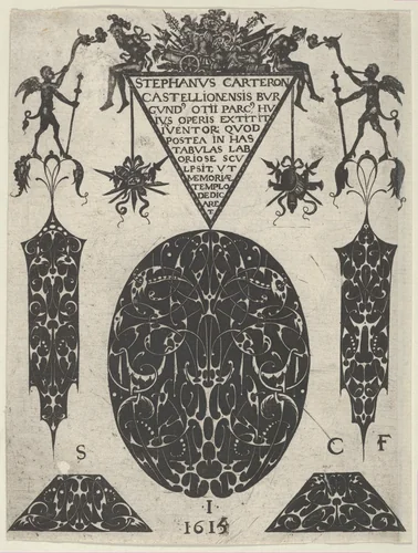 Title Plate with Blackwork Motifs, Trophies and Grotesques, from a Series of Blackwork Prints for Goldsmiths' Work by Etienne Carteron, print, 1615