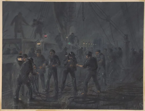 A Night Scene. The Cable Entangled and Nearly Broken, July 18th, 1866 by Robert Charles Dudley, drawing, 1865-1866