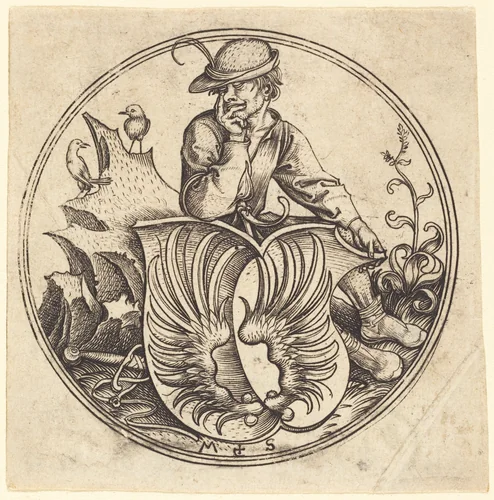 Shield with Wings, Held by Peasant by Martin Schongauer, print, 1480-1490