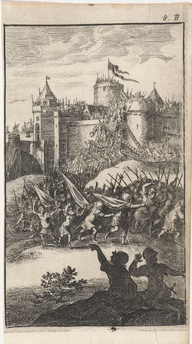Soldaten bestormen een kasteel by Abraham Dircksz. Santvoort, print, 1666