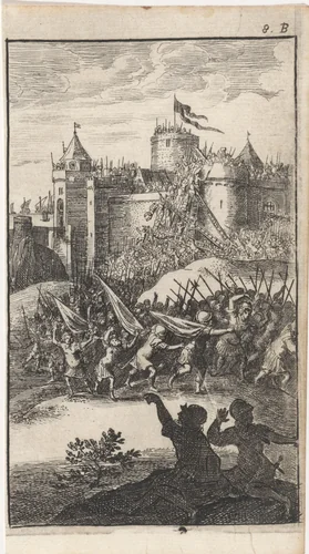 Soldaten bestormen een kasteel by Abraham Dircksz. Santvoort, print, 1666