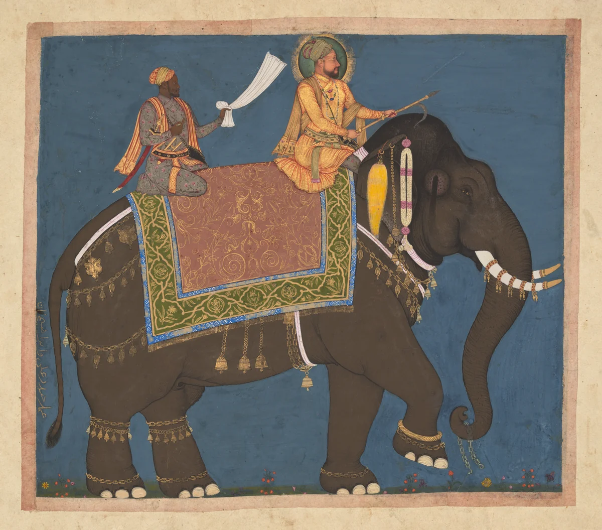 Sultan Muhammad 'Adil Shah and Ikhlas Khan Riding an Elephant by Haidar 'Ali, manuscript, 1620-1670