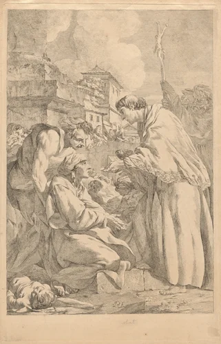 Saint Charles Borromeo Distributing Communion to the Victims of the Plague of 1576 in Milan by Jean-Baptiste-Marie Pierre, print, 1755-1765