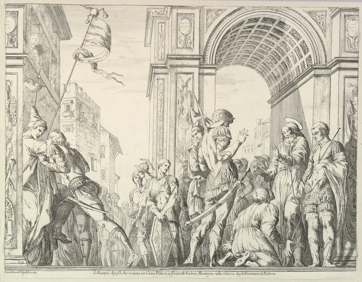 Saint James Cures a Blind Man, from "The Story of Saints James and Christopher in the Eremitani Chapel" by Giovanni David, print, 1776