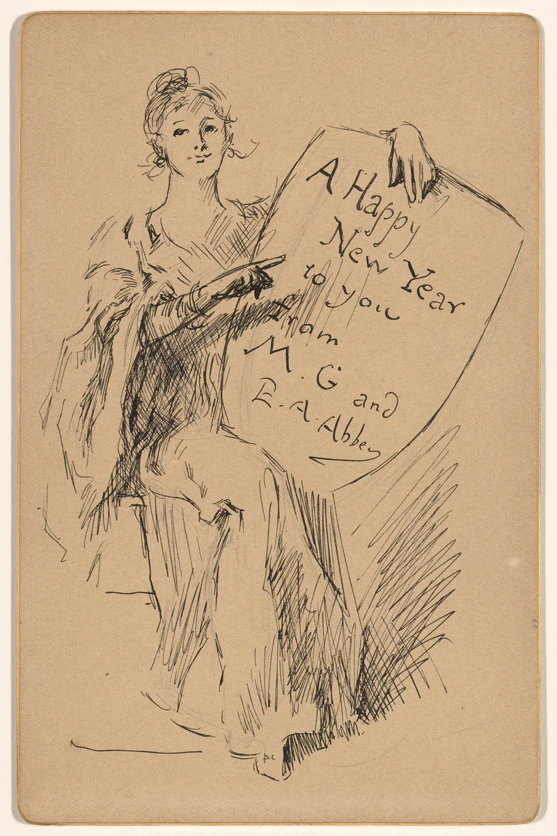 Seated Woman Holding a Shield: A Happy New Year to you from M. G. and E. A. Abbey by Edwin Austin Abbey, drawing, 1890-1911
