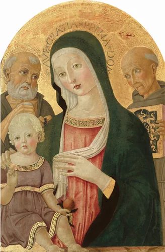 Madonna and Child with Saint Jerome and Saint Bernardino of Siena by Benvenuto di Giovanni, painting, 1480-1485