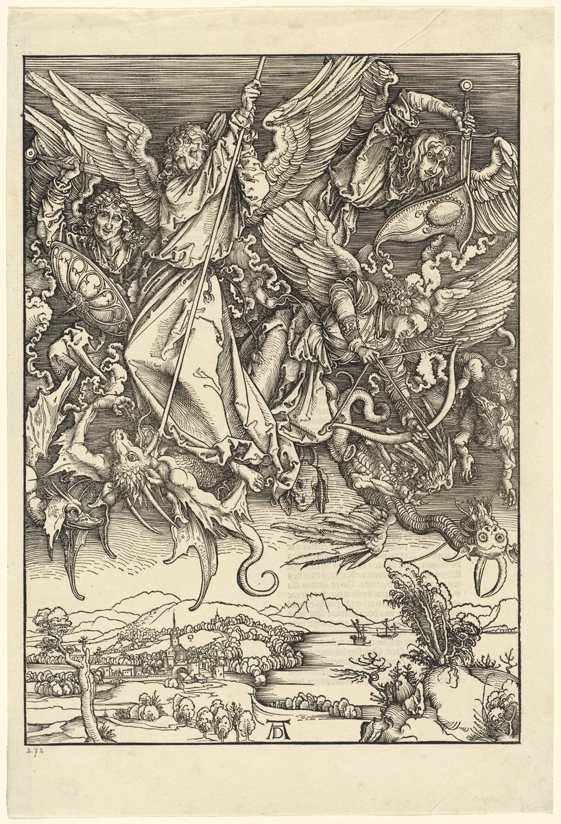 Saint Michael Fighting the Dragon by Albrecht Dürer, print, 1498