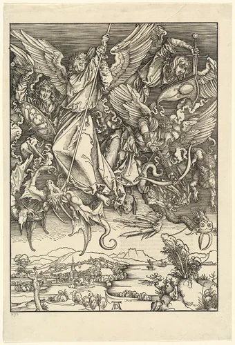 Saint Michael Fighting the Dragon by Albrecht Dürer, print, 1498