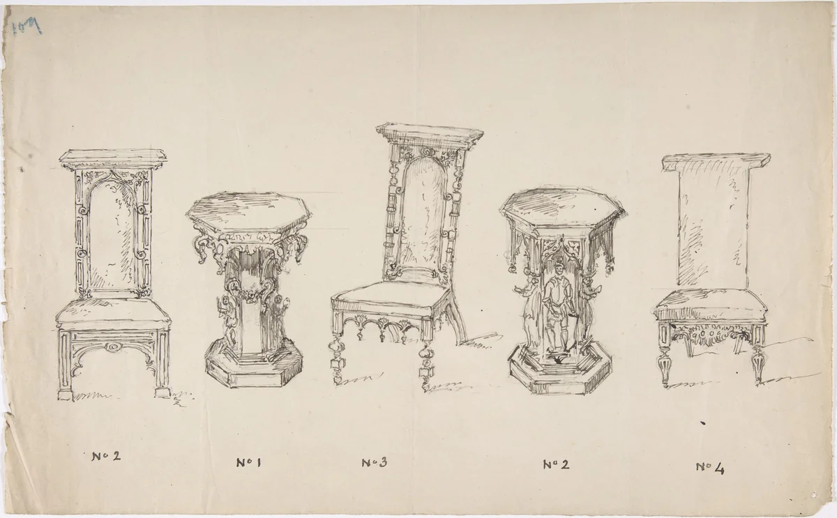 Design for Three Low Chairs and Two Pedestal Tables by anonymous, drawing, 1800-1850