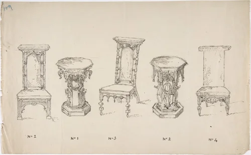 Design for Three Low Chairs and Two Pedestal Tables by anonymous, drawing, 1800-1850