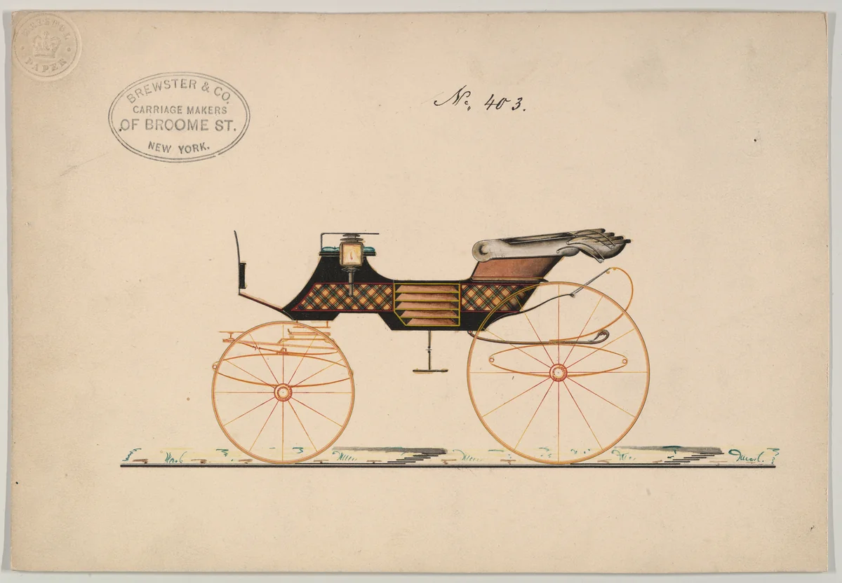 Design for 4 seat Phaeton, with top, no. 403 by Brewster & Co., drawing, 1850-1874