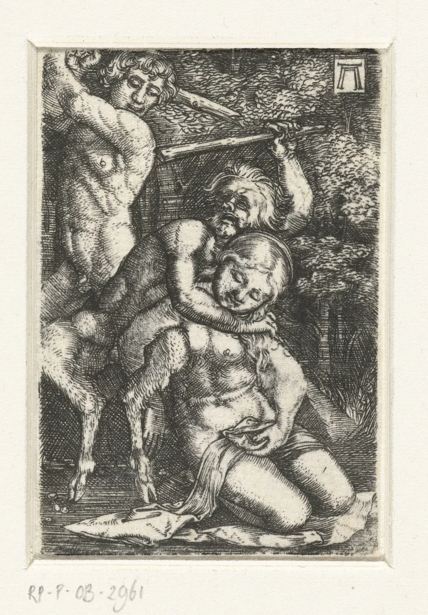 Sater en een man vechten om een vrouw by Unknown, print, 1506-1538