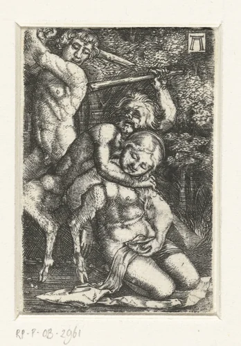 Sater en een man vechten om een vrouw by Unknown, print, 1506-1538