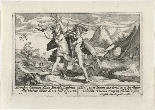 Apollo achtervolgt Daphne by Crispijn van de Passe, print, 1602-1607