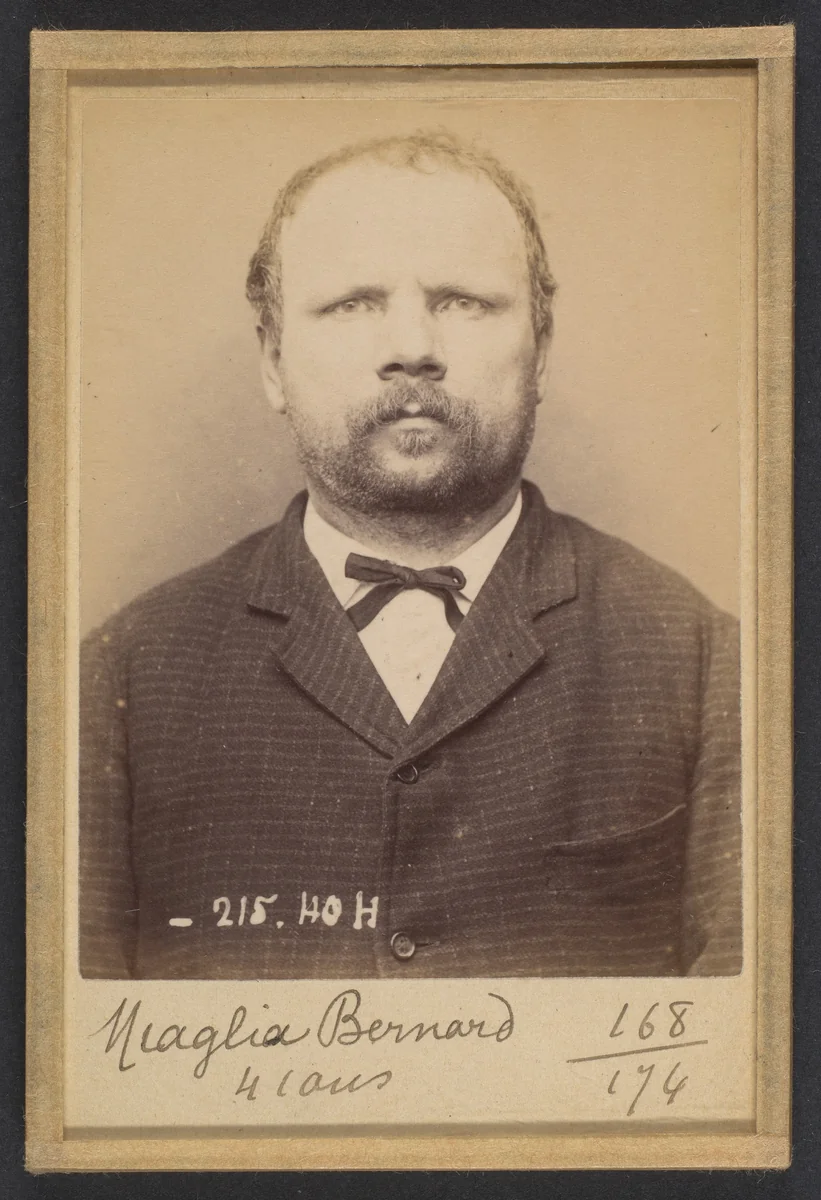 Miaglia. Bernard. 41 ans, né à Giaglione (Italie). Cordonnier. Anarchiste. 9/3/94. by Alphonse Bertillon, photograph, 1894