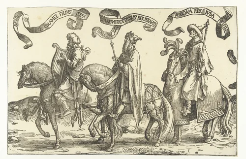 Koningen David, Salomo en Jerobeam by Lucas van Leyden, print, 1518-1522