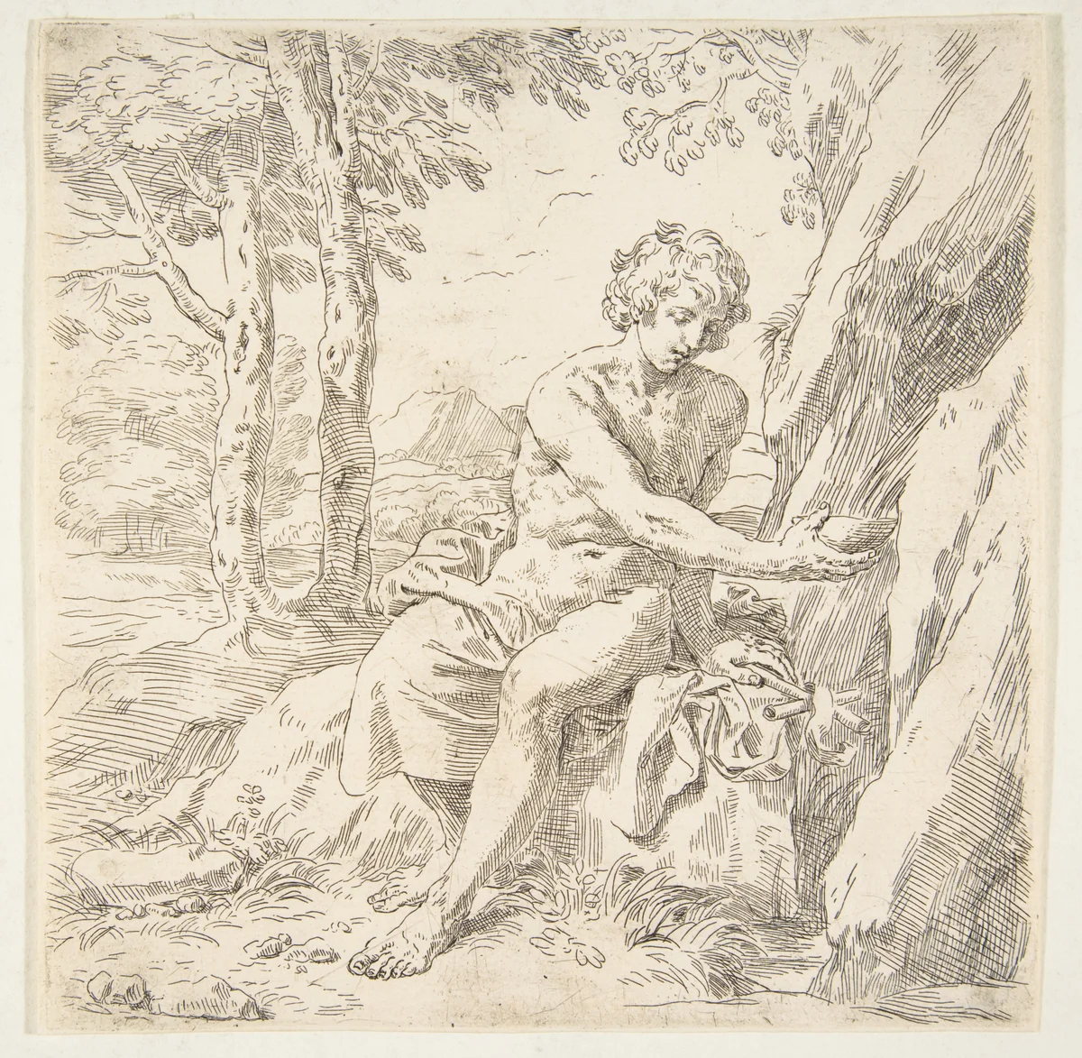 Saint John the Baptist in the desert by Simone Cantarini, print, 1632-1642