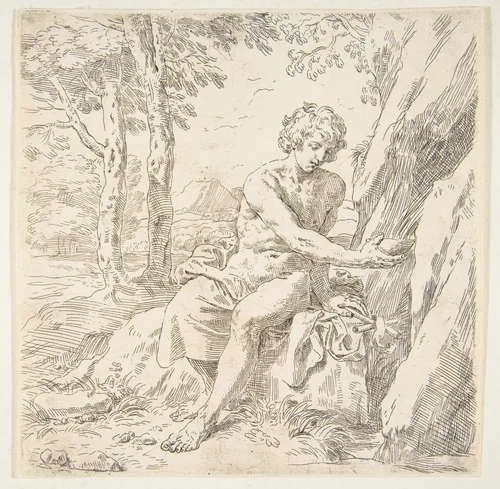 Saint John the Baptist in the desert by Simone Cantarini, print, 1632-1642