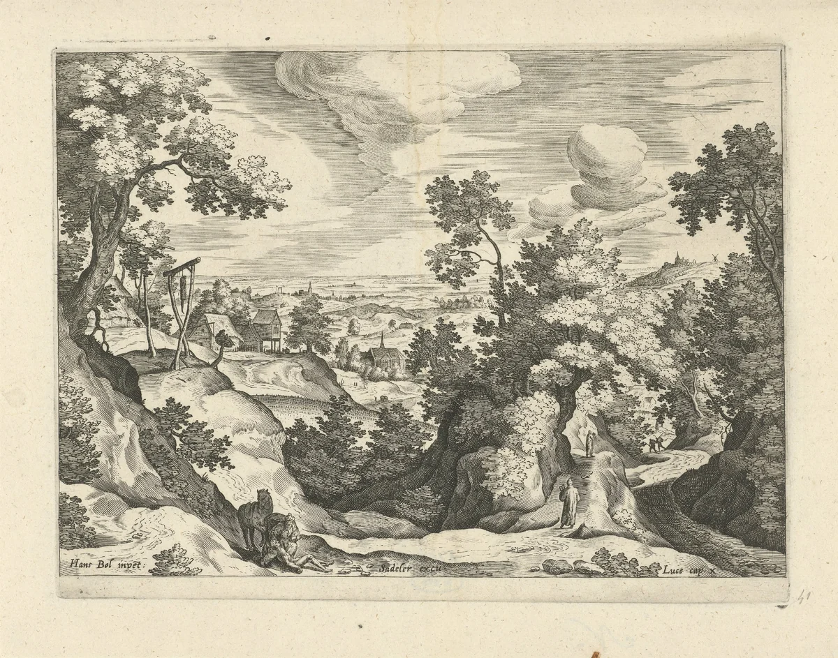 Landschap met de barmhartige Samaritaan by Johann Sadeler, print, 1580-1600