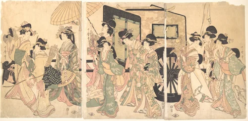 Ladies Surrounding a Cart by Utamaro II, print, 1804-1817