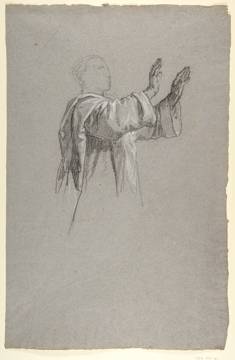 Cleric with Raised Arms (lower register?; study for wall paintings in the Chapel of Saint Remi, Sainte-Clotilde, Paris, 1858) by Isidore Pils, drawing, 1825-1875