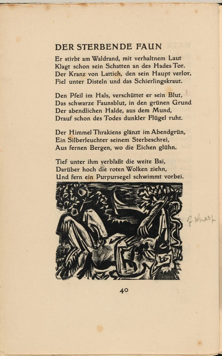 Der Sterbende Faun (The Dying Faun) (in-text plate) from mock-up of Georg Heym: Umbra Vitae (Georg Heym: Shadow of Life) by Ernst Ludwig Kirchner, volume, 1912-1922