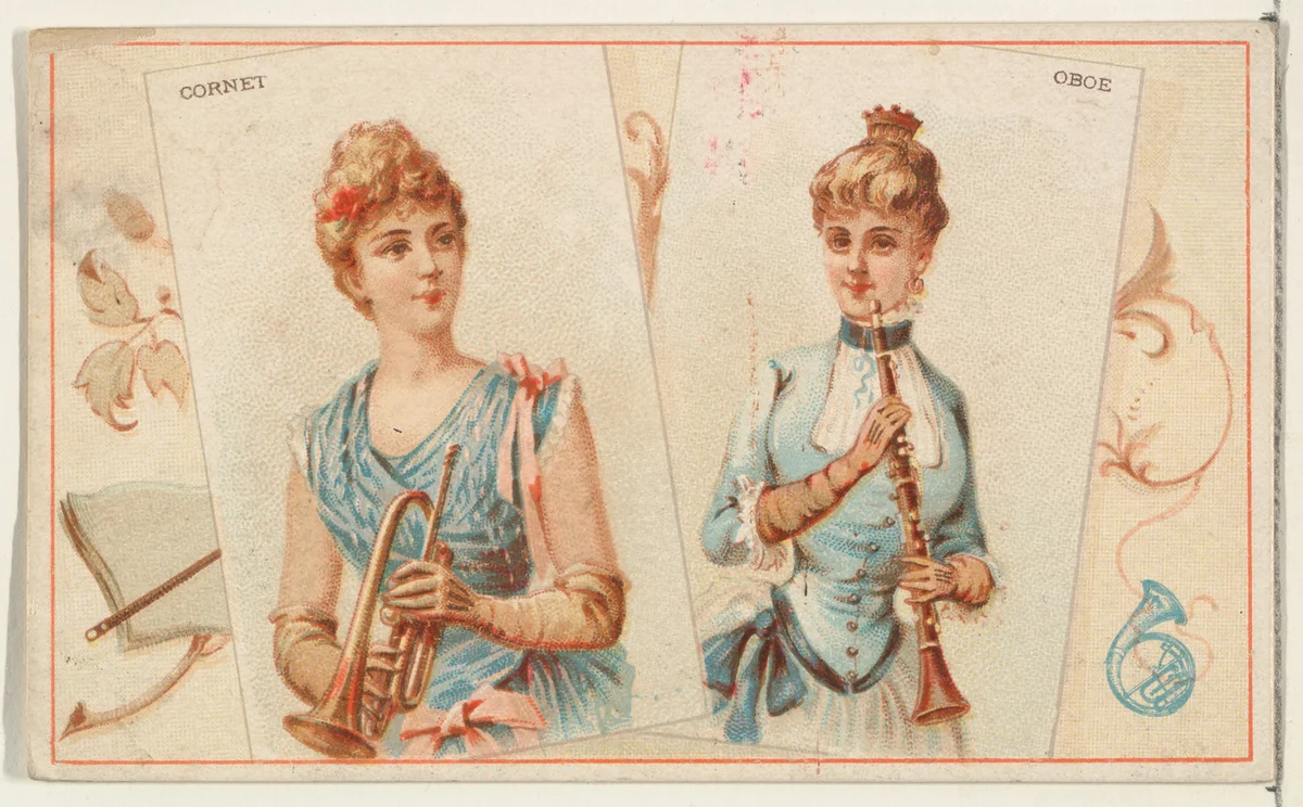 Cornet and Oboe, from the Musical Instruments series (N121) issued by Duke Sons & Co. to promote Honest Long Cut Tobacco by W. Duke, Sons & Co., print, 1888