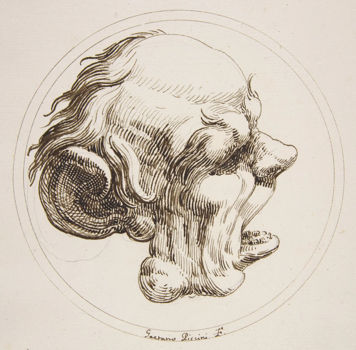 Grotesque Head With a Large Ear and an Open Mouth Looking to the Right Within a Circle by Gaetano Piccini, drawing, 1727