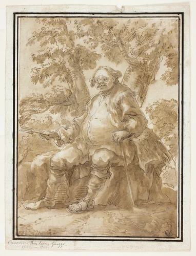 Man Seated in Front of Trees by Carlo Marchionni or Pier Leone Ghezzi, drawing, 1689-1786